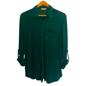 Charming Charlie Teal Button-Up Blouse with 3/4 Sleeves